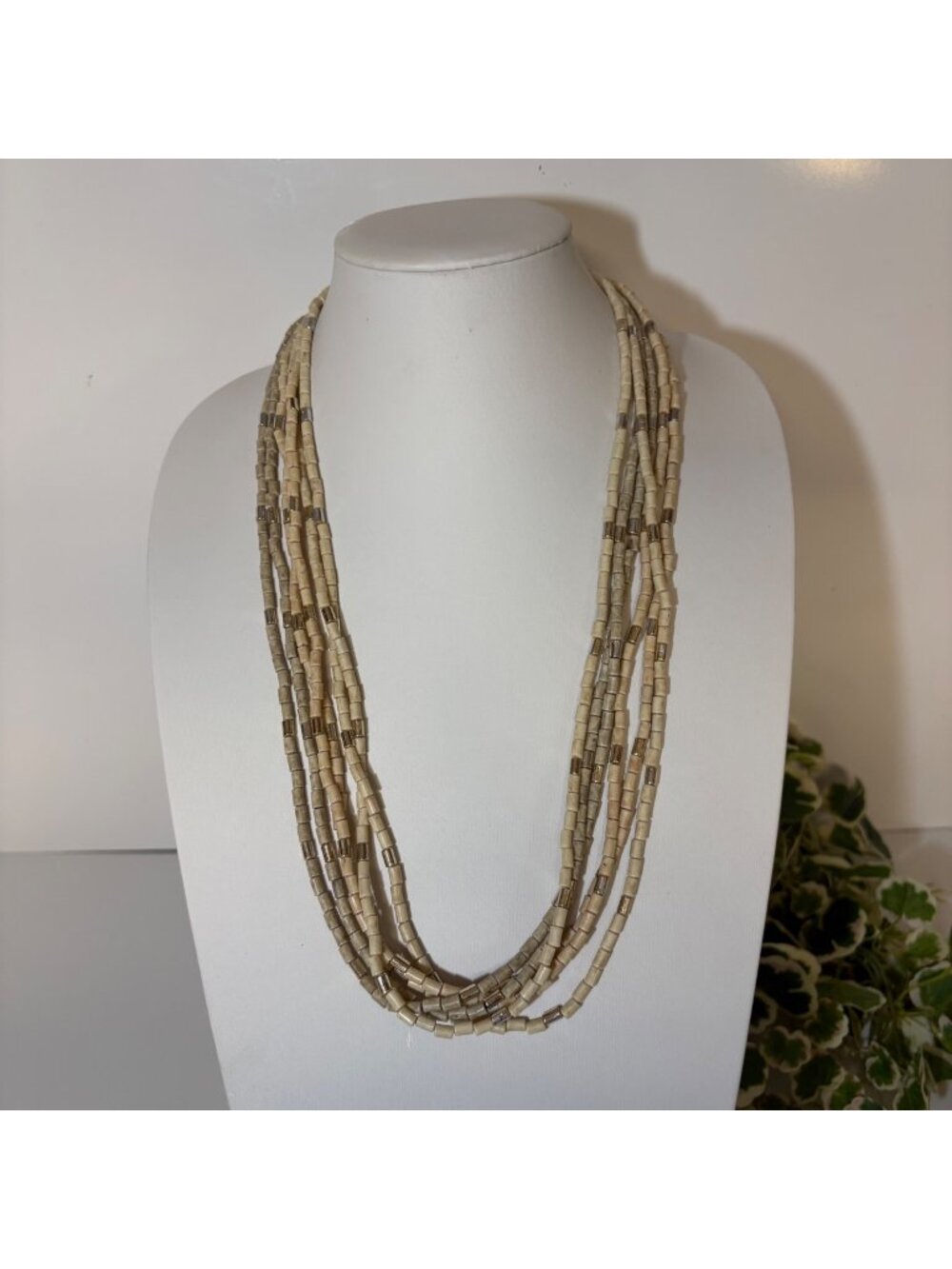 Multi-Strand Beige Gold Beaded Necklace Box Clasp 29 Inches Tribal Boho Earthy